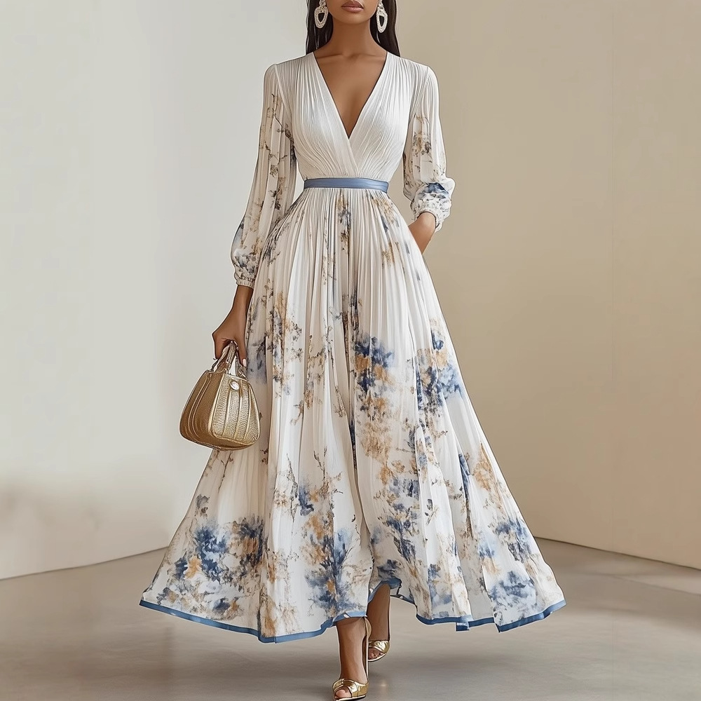 Elegant Floral Maxi Dress Women Long Sleeve Boho A-Line Pleated Dresses